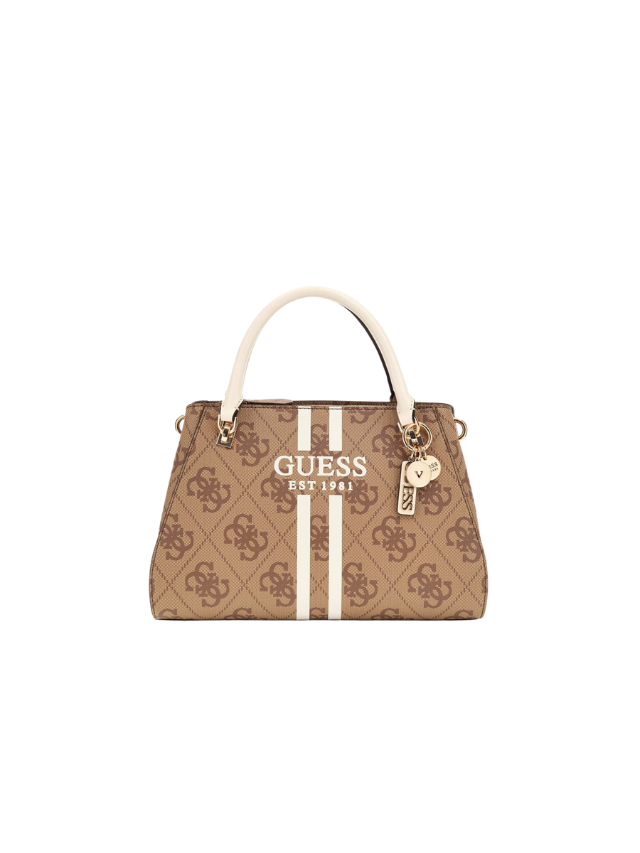 Borsa a mano Guess marrone con bande verticali bianche e logo centrale HWOS9672070 LTL Guess 