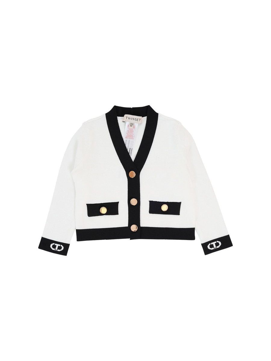 Cardigan Twinset bianco e nero con polsi logati 251GJ3QW4 02849 Twinset 