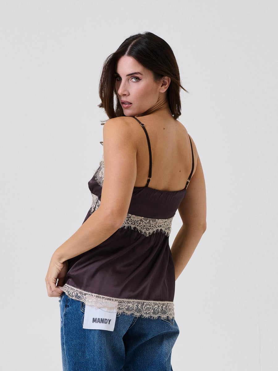 Top in raso Vicolo marrone con inserti in pizzo floreale TF1086 PRUGNA Vicolo 