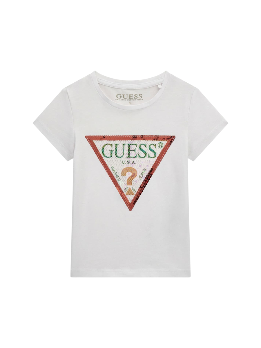 T-Shirt Guess bianca con logo in paillettes K4RI31K6YW1 G011 Guess 