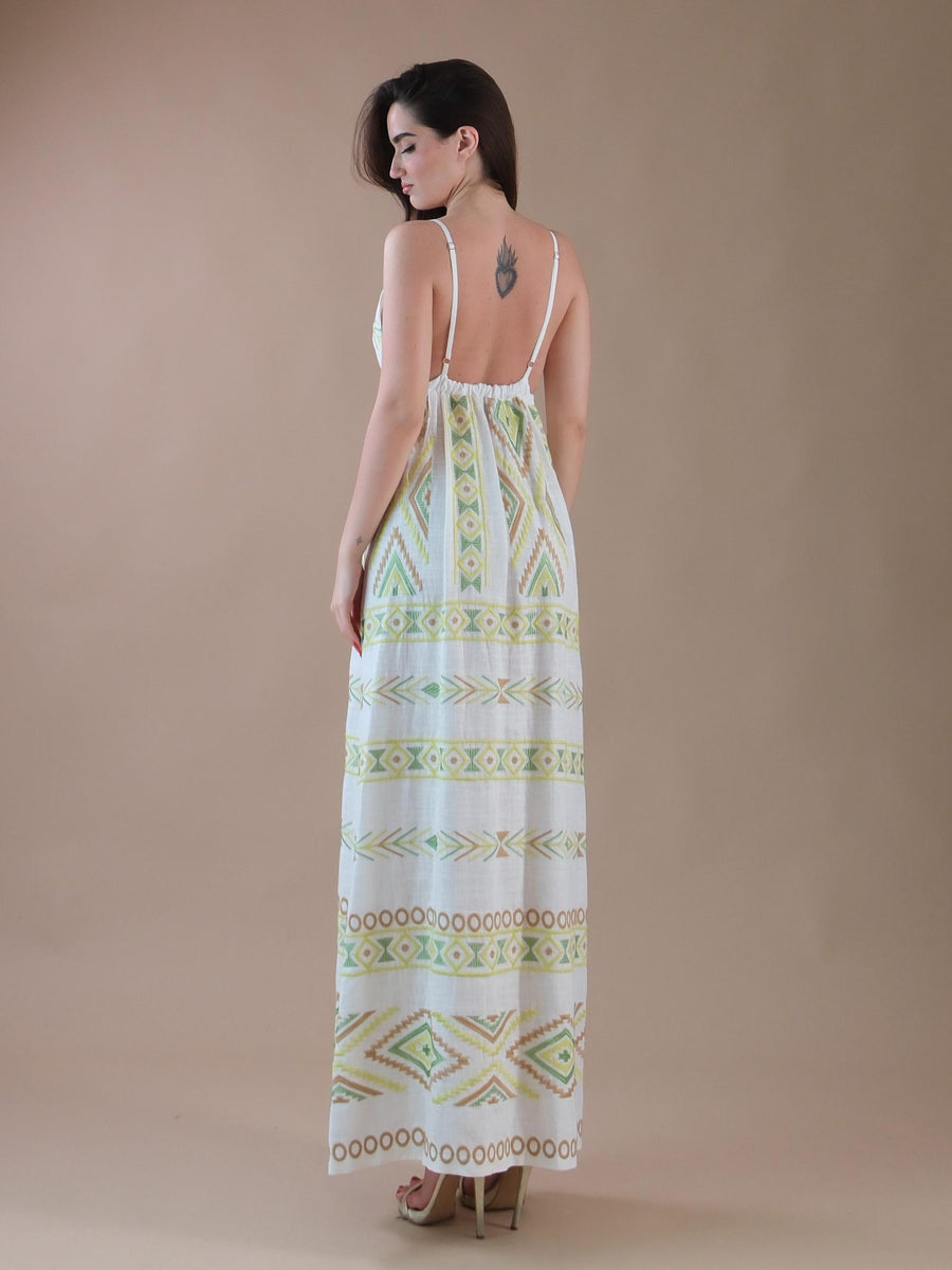 Abito lungo bianco a fantasia etnica AB86B UNI Bohemian V 