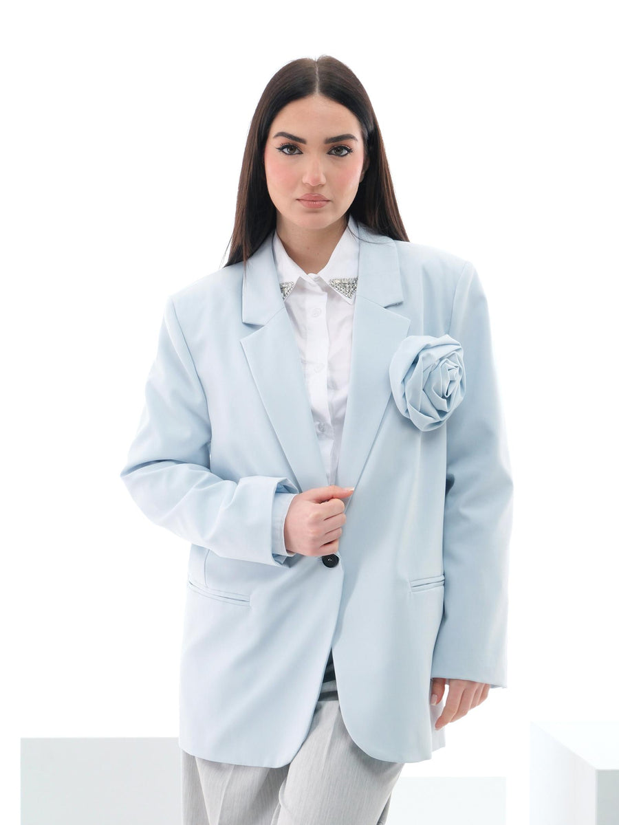 Blazer oversize Vicolo azzurro polvere con maxi spilla a forma di rosa TD0258 POLVERE Vicolo 