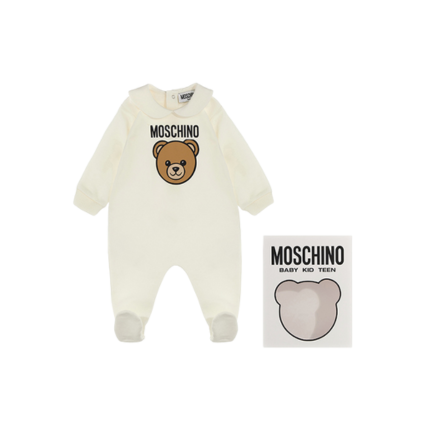 Tutina Moschino bianca con stampa teddy bear e logo lettering MUY08J 10063 Moschino 