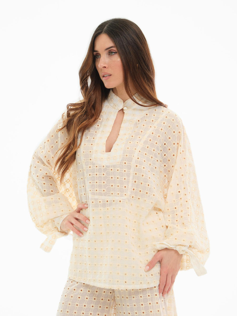 Camicia Bohemian Vì crema traforato con motivo a cerchio e polsini con nodo CA155 UNI Bohemian V 