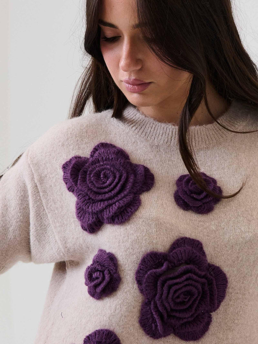 Maglia a mezze maniche Pho Firenze in lana beige con fiori viola in 3D 4324014 NUDE/BERRY PHO FIRENZE 