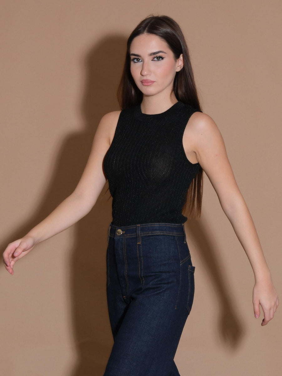 Canotta nera in maglia a costine con lurex D79306 NERO Silence Limited 