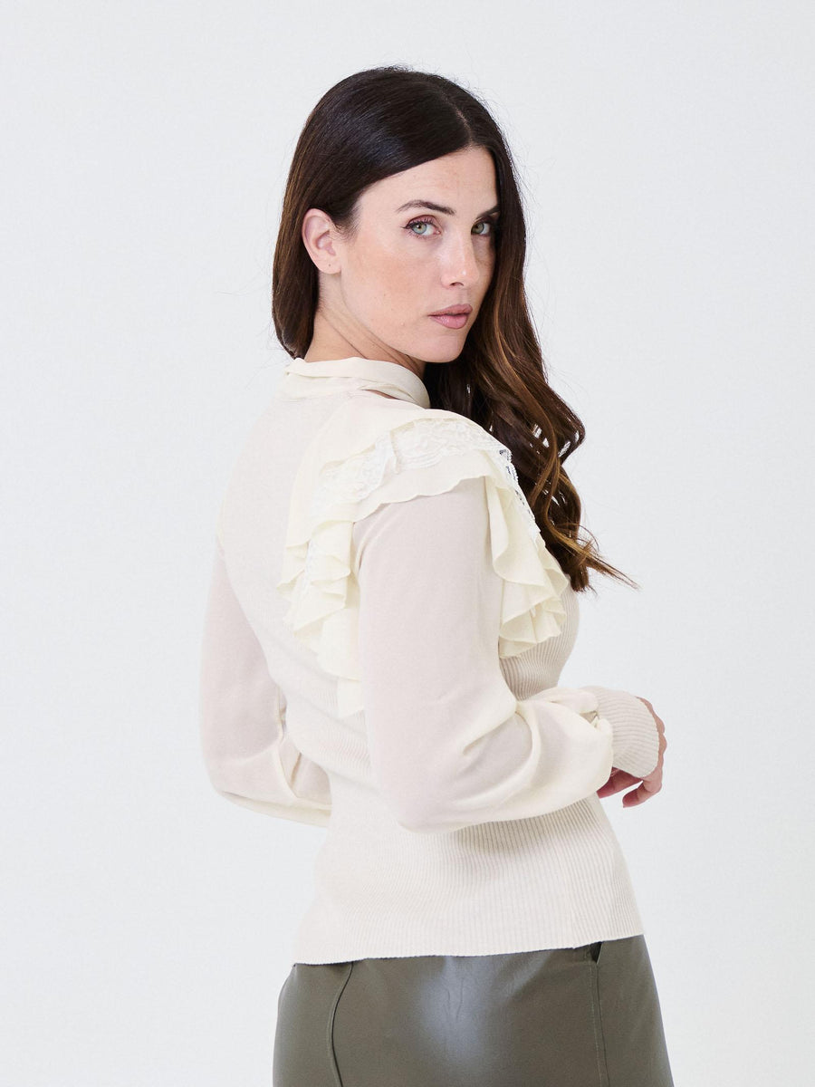 Maglia a costine Haveone burro con volant su spalla e foulard sul collo MMOP087 BURRO Haveone 