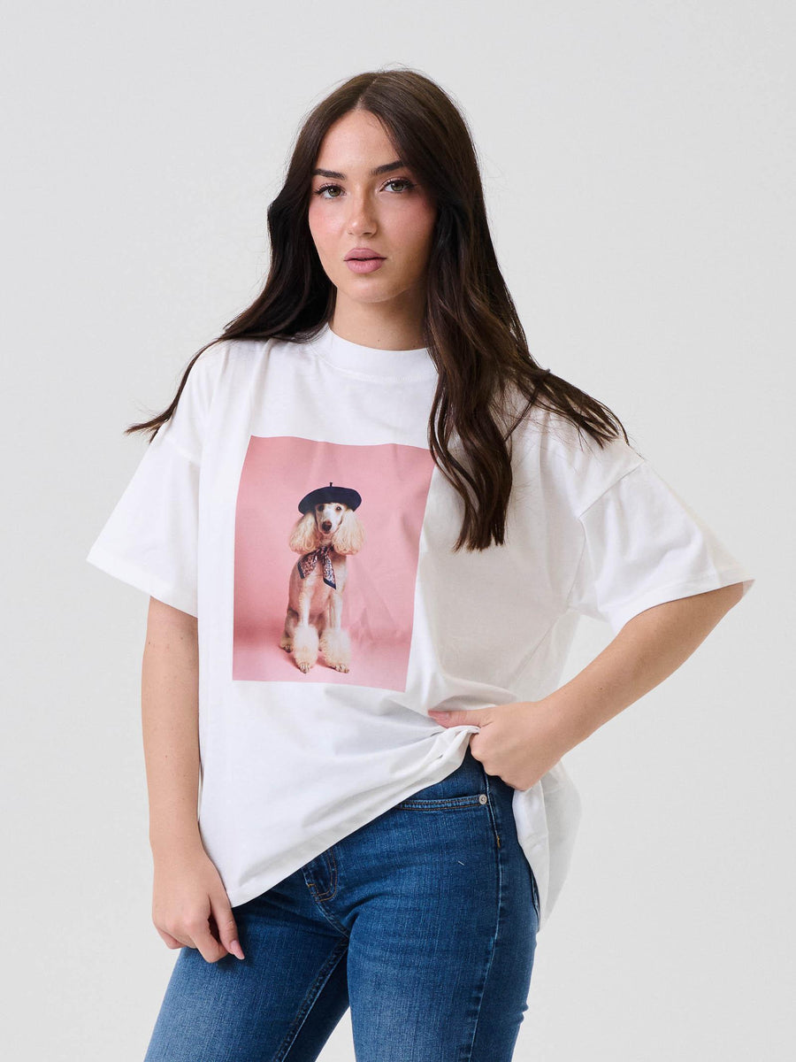 T-Shirt Vicolo bianca stampa rosa con cagnolino RF0243 BIA Vicolo 