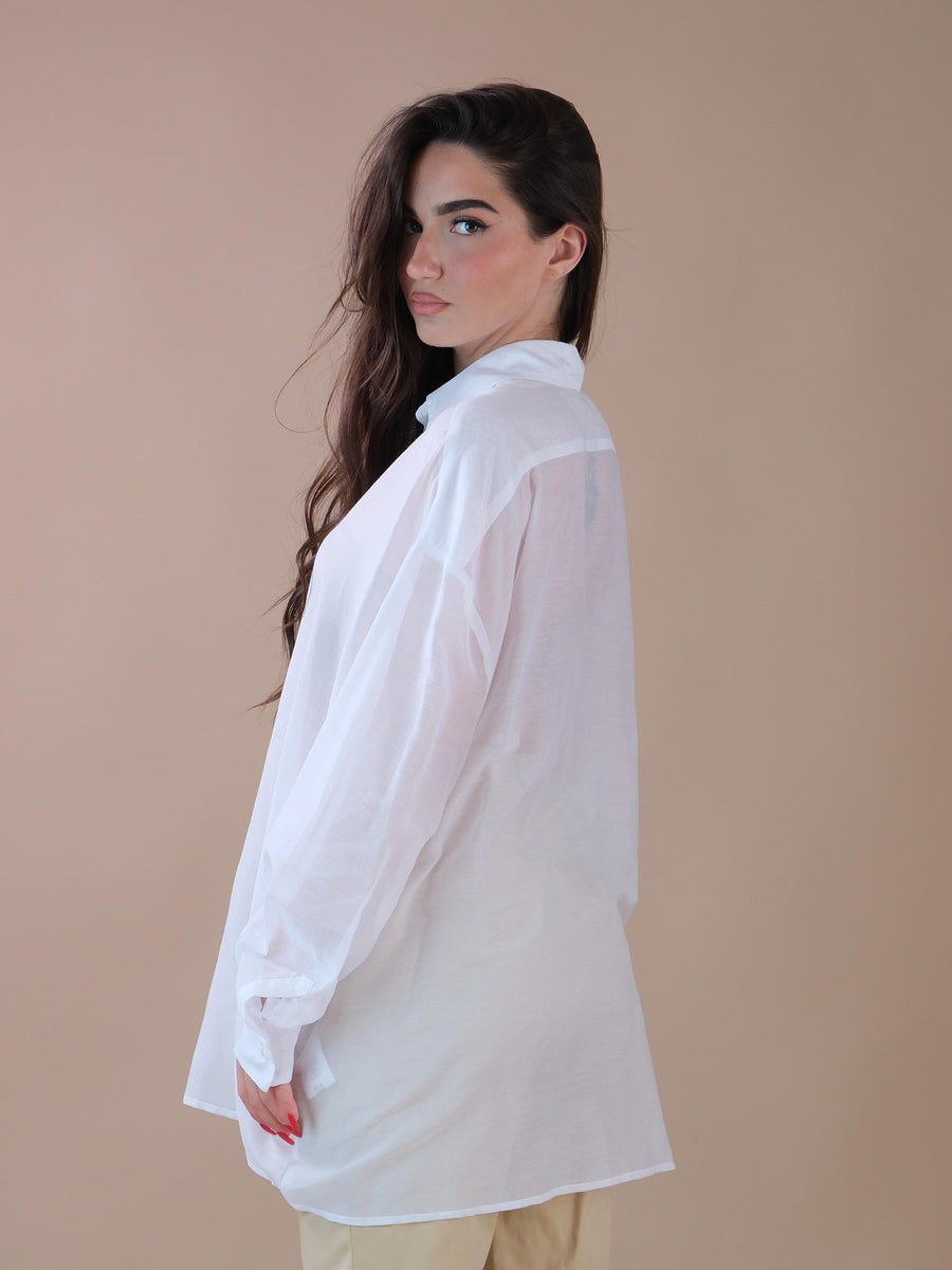 Camicia over bianca velata in misto cotone e seta CA59B BIANCO Bohemian V 