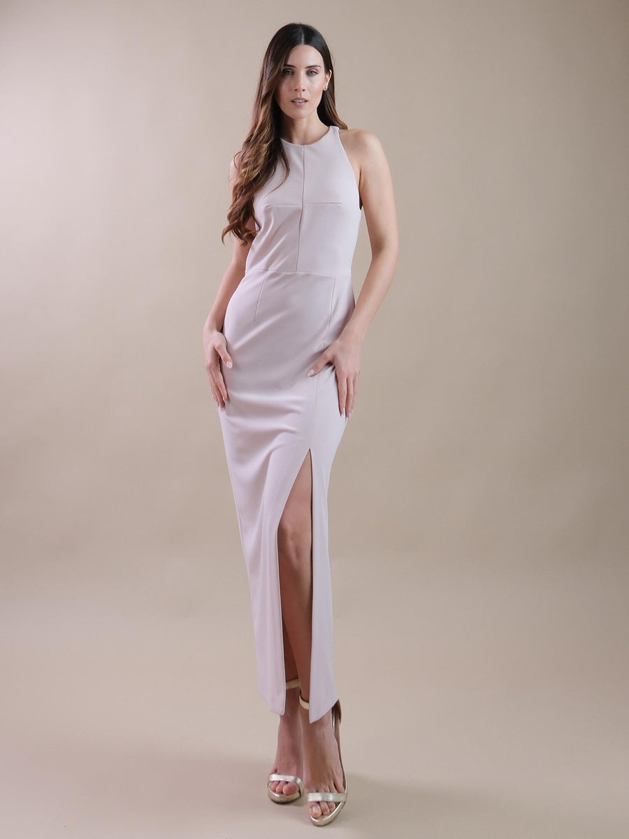 Abito lungo smanicato rosa cut-out sul retro e spacco AERNHAW CANDY Imperial 