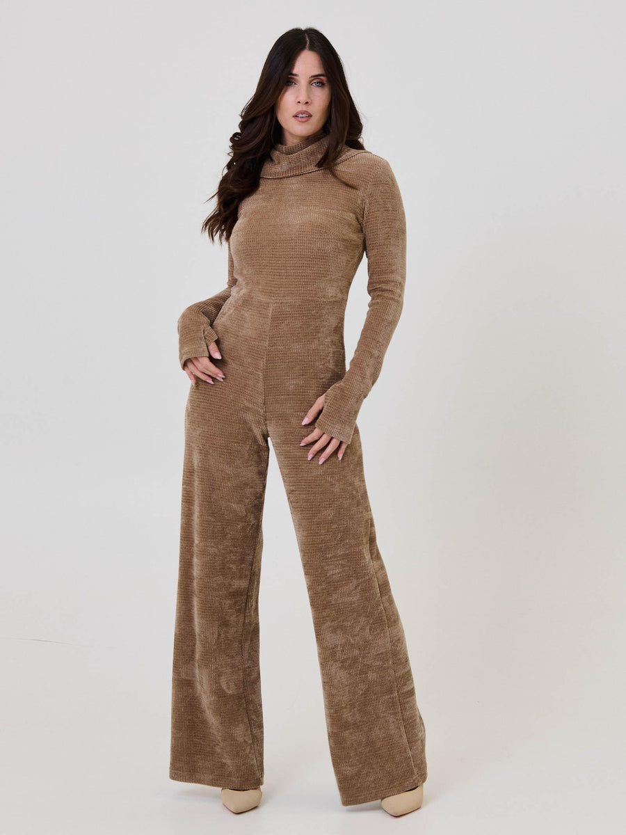 Jumpsuit a costine Bohemian Vì taupe con collo alto morbido BHTUT003 TAUPE Bohemian V 
