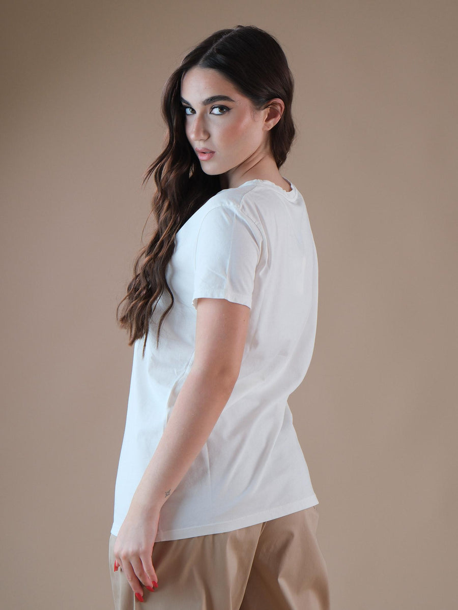 T-shirt bianca con stampa ciabatte e spiaggia RB0830 BIA Vicolo 