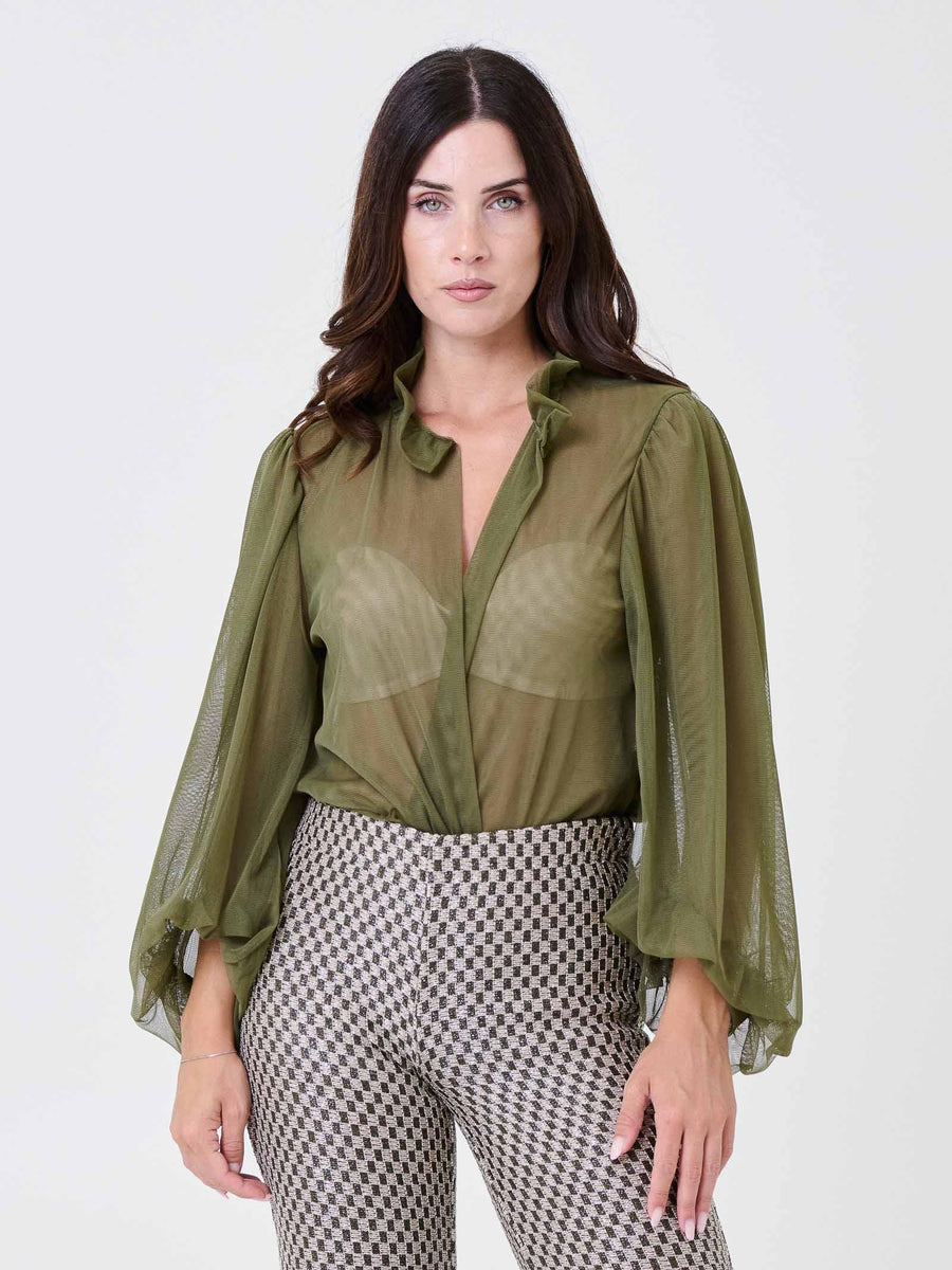 Body trasparente Pho Firenze verde oliva con maniche a sbuffo 4324071 OLIVA PHO FIRENZE 