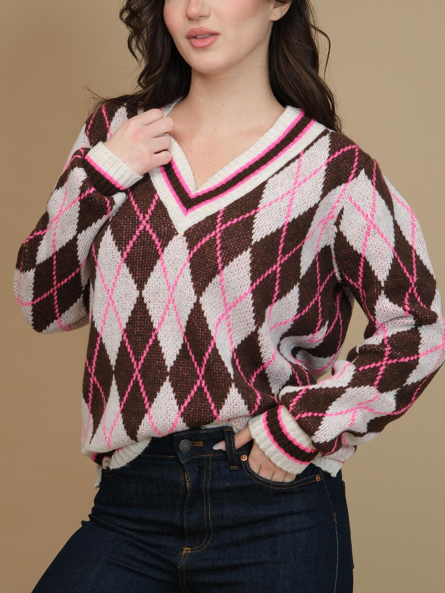 Maglione Haveone fuxia e marrone con rombi all over MNCM225 FUX/MARR Haveone 