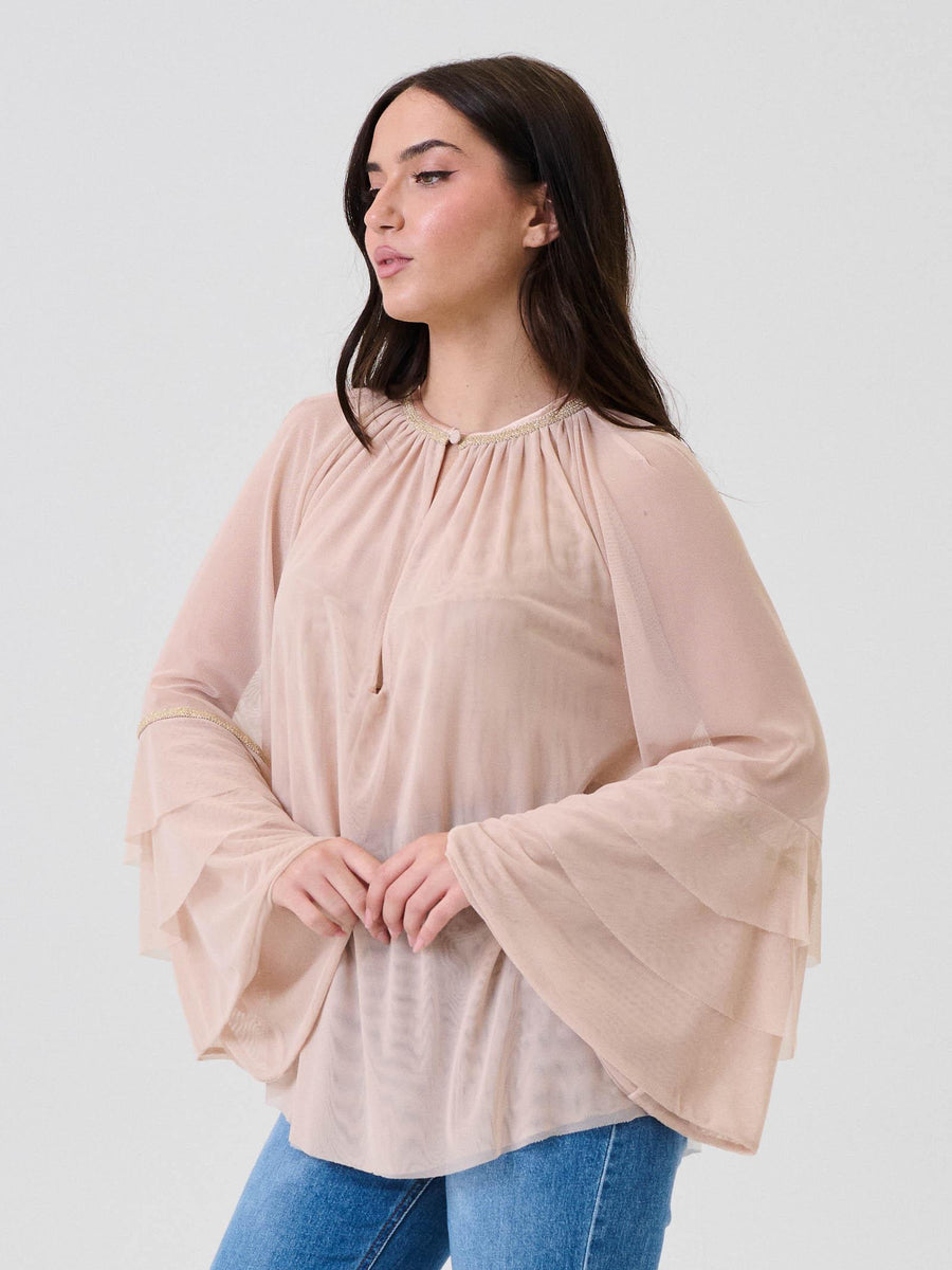 Blusa con maniche a balze Pho Firenze rosa e dettagli in lurex 4324096 NUDE PHO FIRENZE 