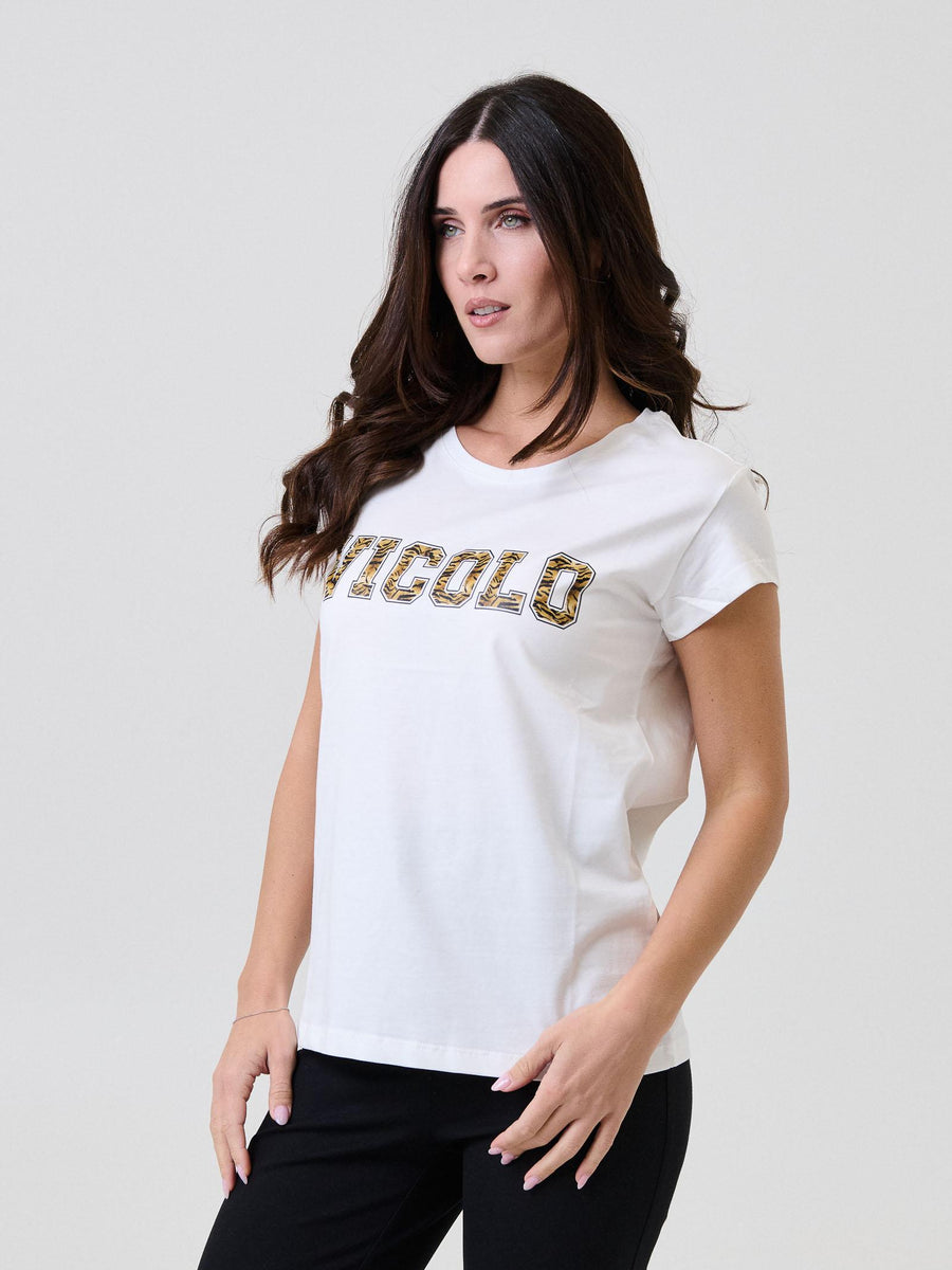 T-Shirt Vicolo bianca con stampa logo in animalier RF0437 UNI Vicolo 