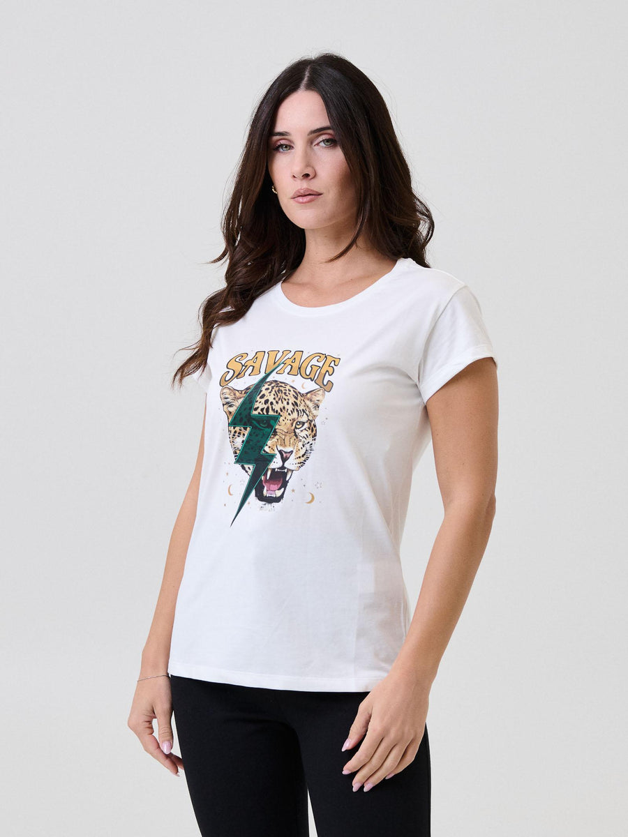 T-Shirt Vicolo bianca con stampa tigre con scritta "Savage" RF0444 UNI Vicolo 