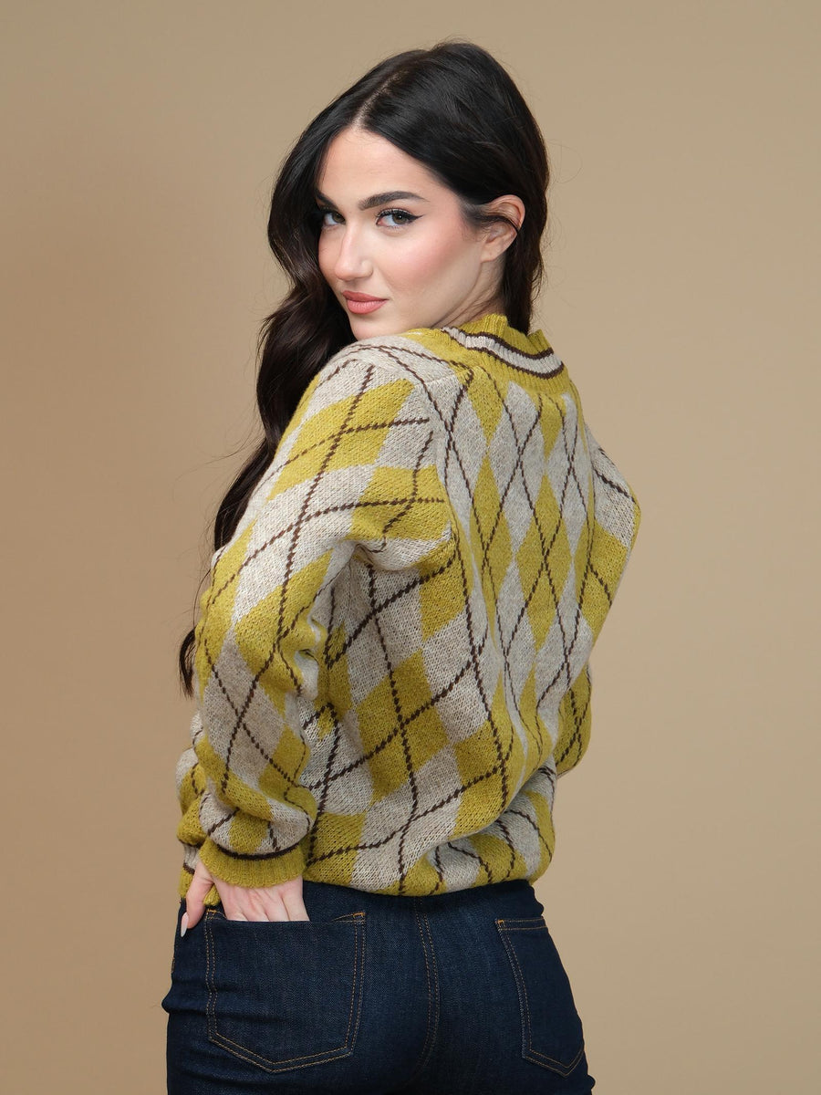 Maglione Haveone giallo ocra e beige con rombi all over MNCM225 OCRA/BEIGE Haveone 