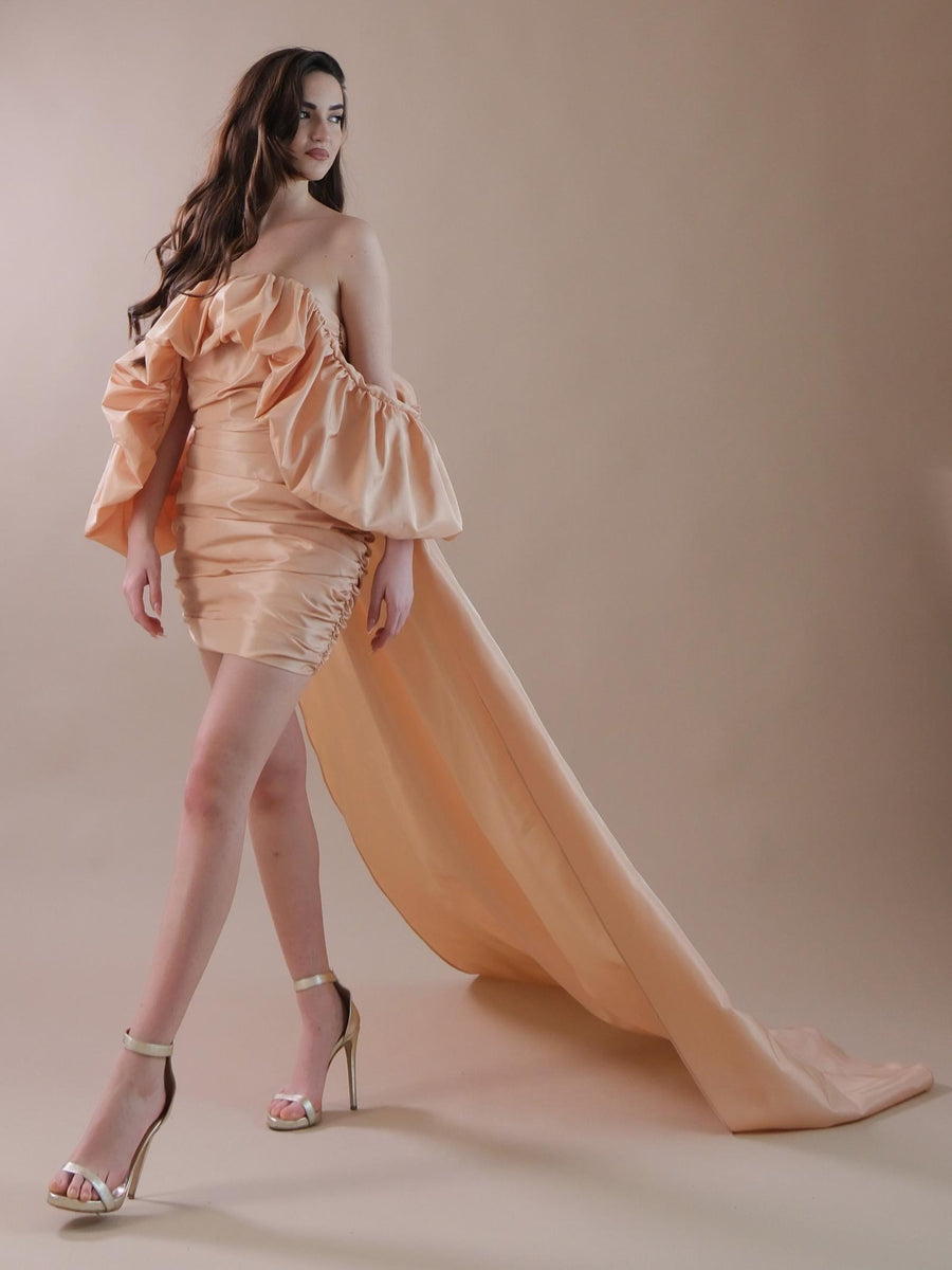 Abito oro corto drappeggiato con coda removibile SD40266 GOLD Silence Limited 