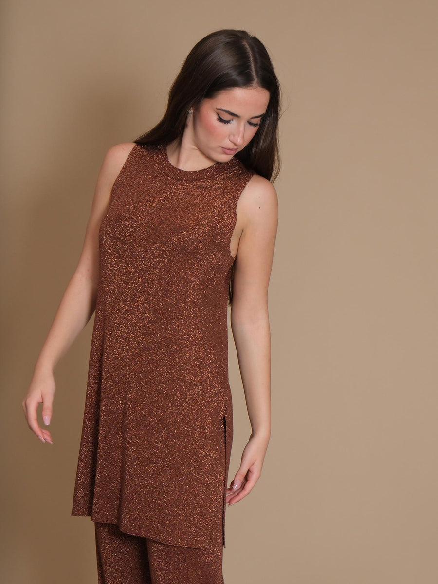 Maglia smanicata Vicolo arancione in lurex con cintura nera 22088S ARANCIO Vicolo 