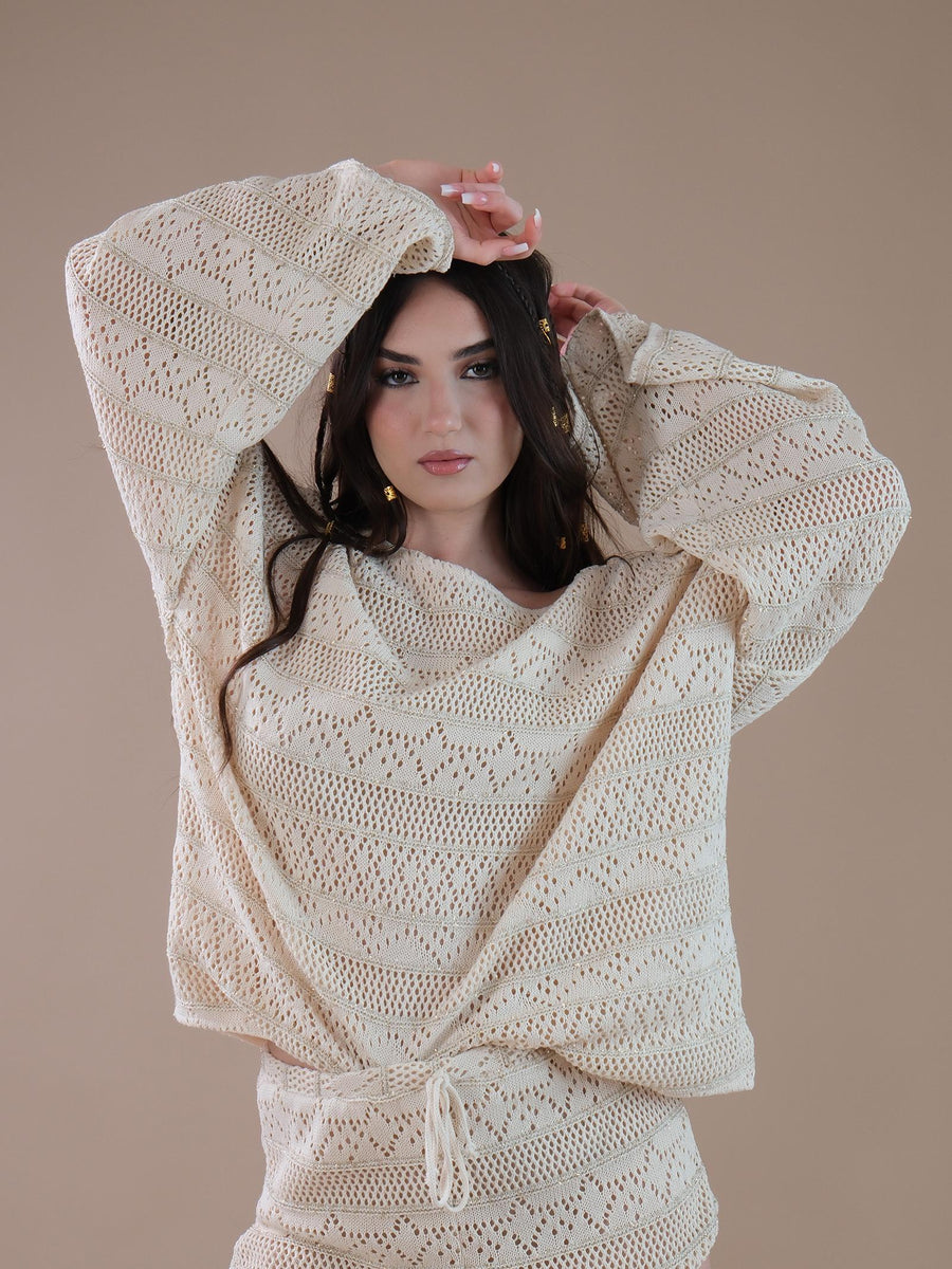 Maglia over beige traforata con lurex oro MA95 RIGALUREX Bohemian V 