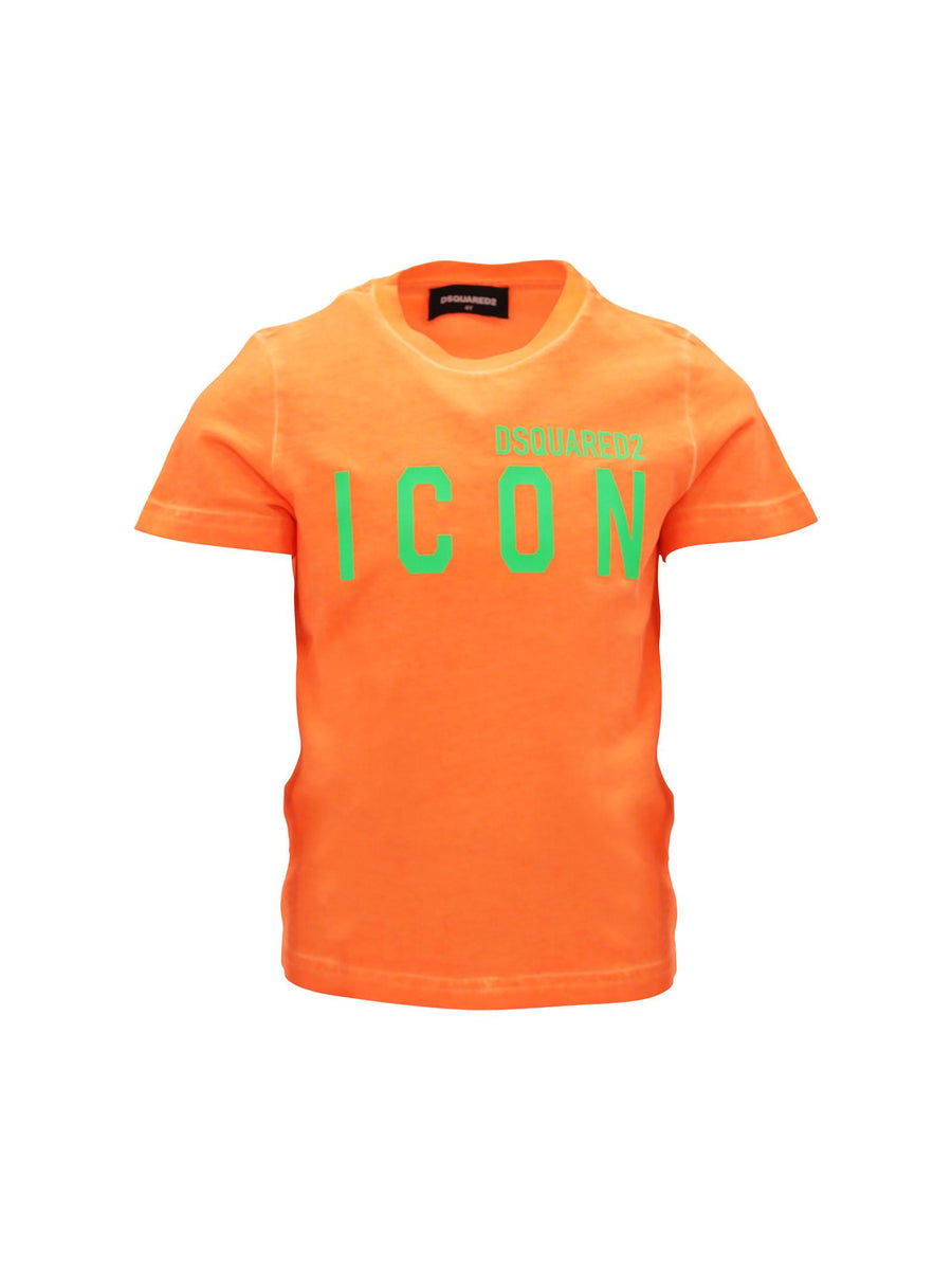 T-shirt arancio fluo con applicazione logo Icon verde DQ2416 DQ253 Dsquared 