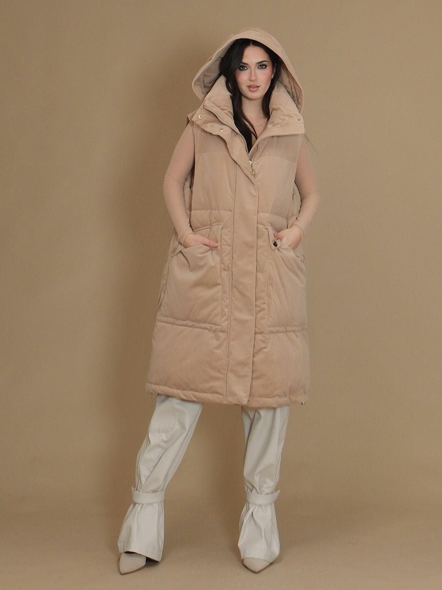 Giubbino lungo smanicato Silence Limited cammello con cappuccio 23504 FANGO Silence Limited 