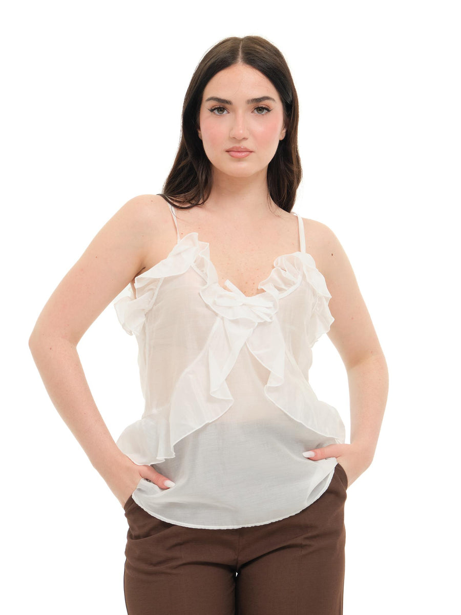 Blusa Imperial bianca con volant e fiocco frontale R9990021T BIANCO Imperial 