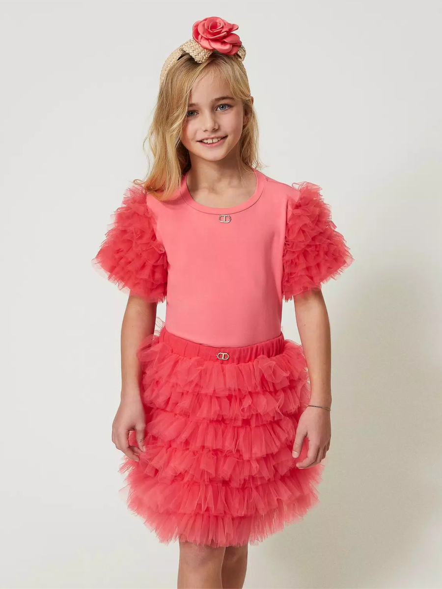 Gonna corta in tulle a balze rosa camelia 241GJ2151 06211 Twinset 