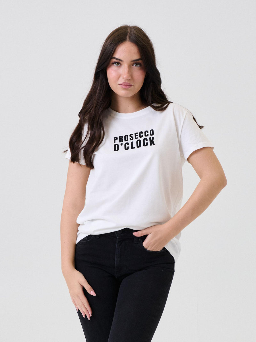 T-Shirt Vicolo bianca con stampa "Prosecco o' clock" in velluto RF0253 BIA Vicolo 