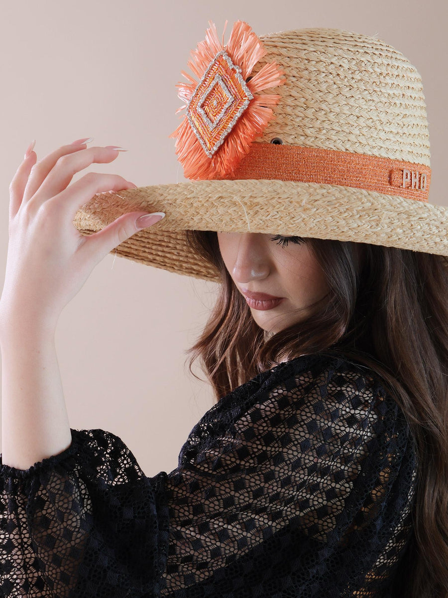 Cappello in paglia con fascia e applicazione arancioni 9019008 SALMONE PHO FIRENZE 
