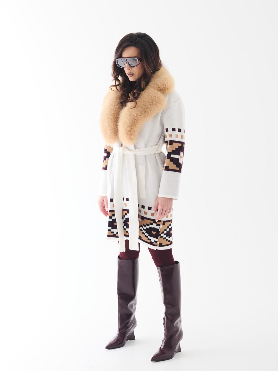 Cardigan Yes London bianco e cammello con collo in pelliccia volpe M15VO CAMEL Yes london 