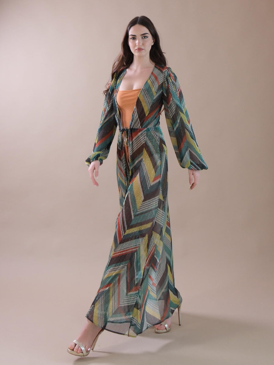Kimono lungo a fantasia astratta con coulisse NPB4015 VERDE Bohemian V 
