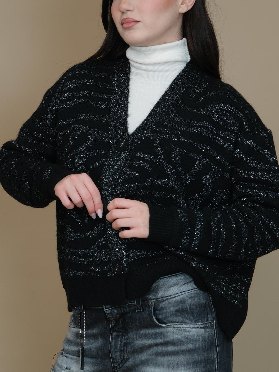 Cardigan Vicolo nero con motivi zebrati effetto glitterato 77175S NERO Vicolo 