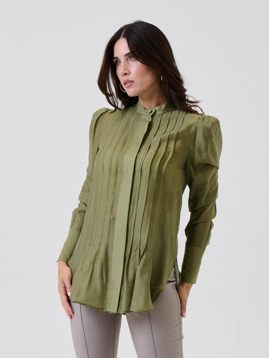 Camicia semi trasparente Bohemian Vì verde militare con plissé CA277A MILITARY Bohemian V 