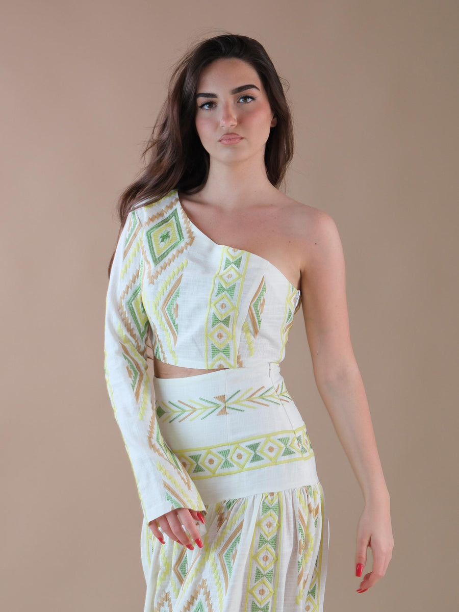 Top monospalla bianco a fantasia etnica CA84B UNI Bohemian V 