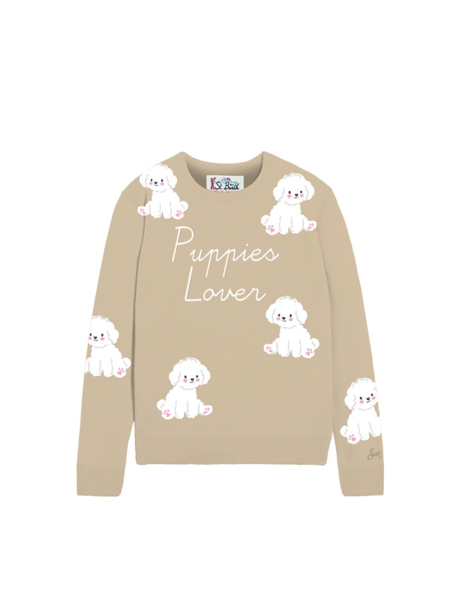 Maglione "11 emb" Saint Barth beige con scritta "Puppies lover" QUE0014 03979I MC2 SAINT BARTH 
