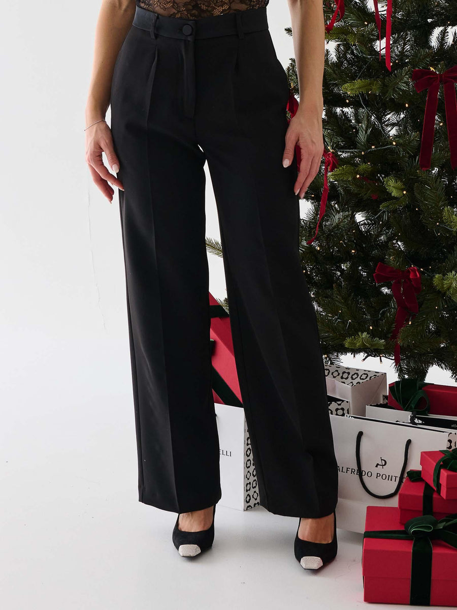 Pantalone a palazzo Vicolo nero con dettagli in raso TF1475 NERO Vicolo 