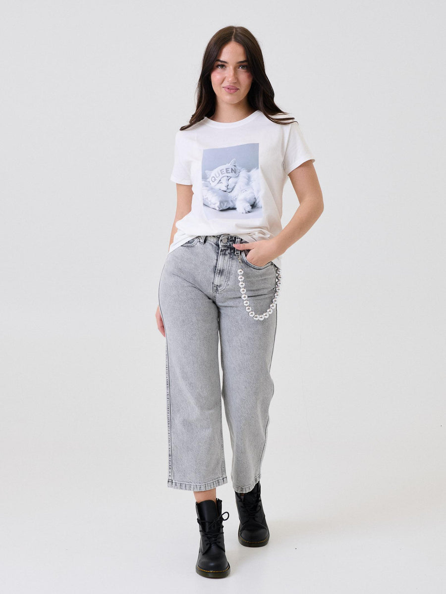 T-Shirt Vicolo bianca con stampa gattino con maschera notte "queen" RF0283 BIA Vicolo 