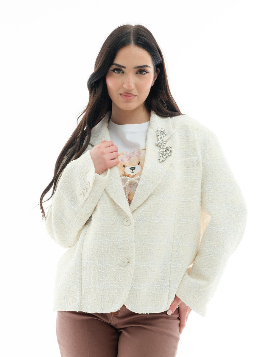 Blazer in bouclè Vicolo bianco con spille gioiello TD0136 BIA Vicolo 