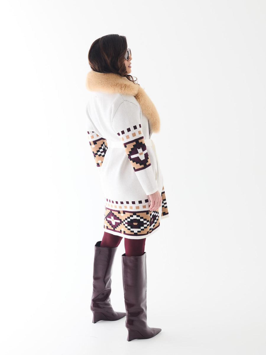 Cardigan Yes London bianco e cammello con collo in pelliccia volpe M15VO CAMEL Yes london 