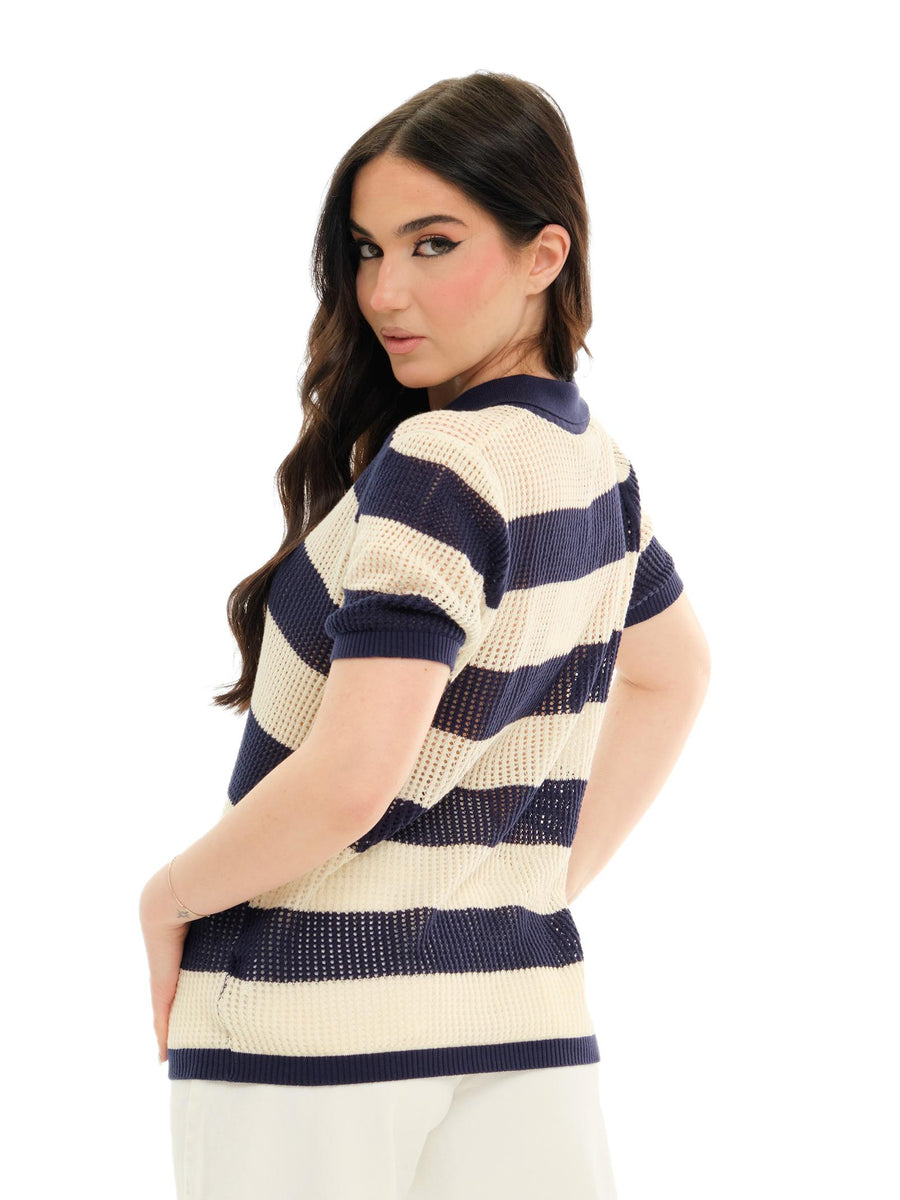 Maglia Vicolo a righe blu e panna traforata 22098D BLU/PANNA Vicolo 