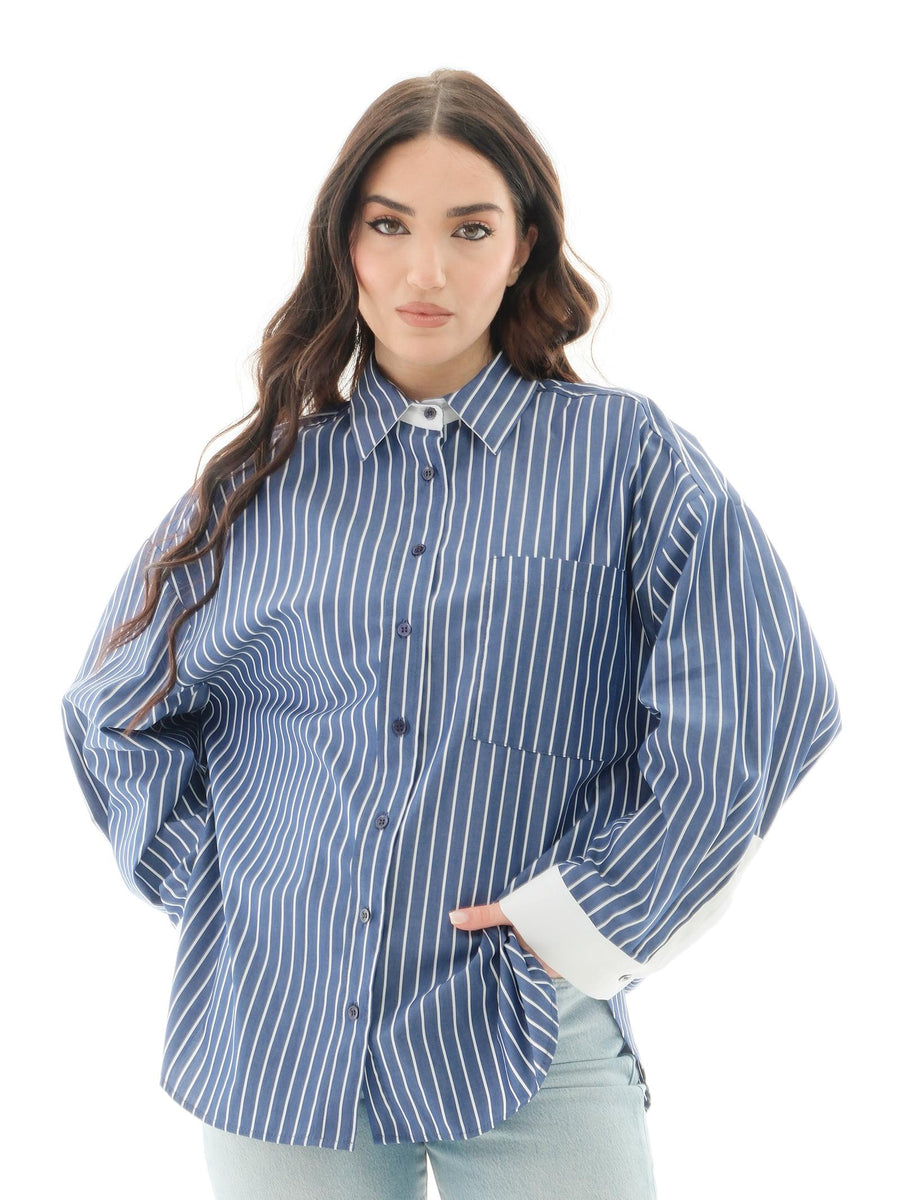 Camicia oversize a righe Vicolo blu con polsini bianchi TD1158 BLU/BIA Vicolo 