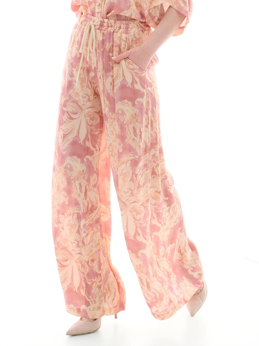 Pantalone a palazzo Armoire rosa con fantasia barocca all over D631P ROSA Armoire 