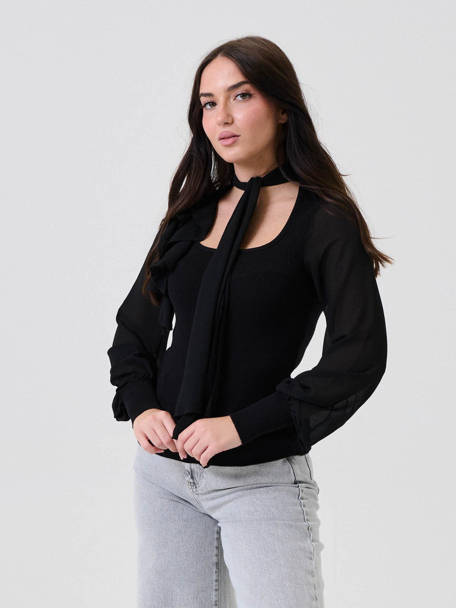 Maglia a costine Haveone nera con volant su spalla e foulard sul collo MMOP087 NERO Haveone 