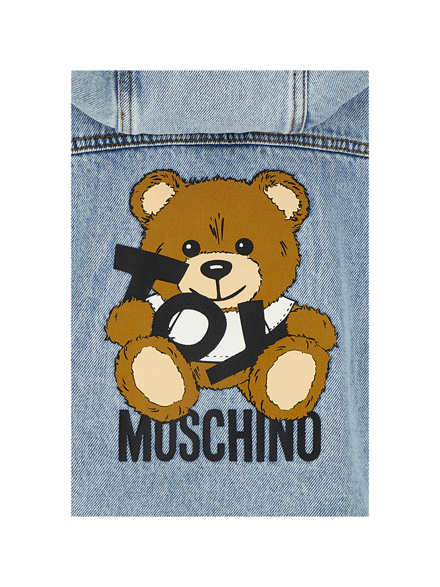 Giubbino Moschino azzurro in denim con orsetto iconico posteriore HUS052 40186 Moschino 