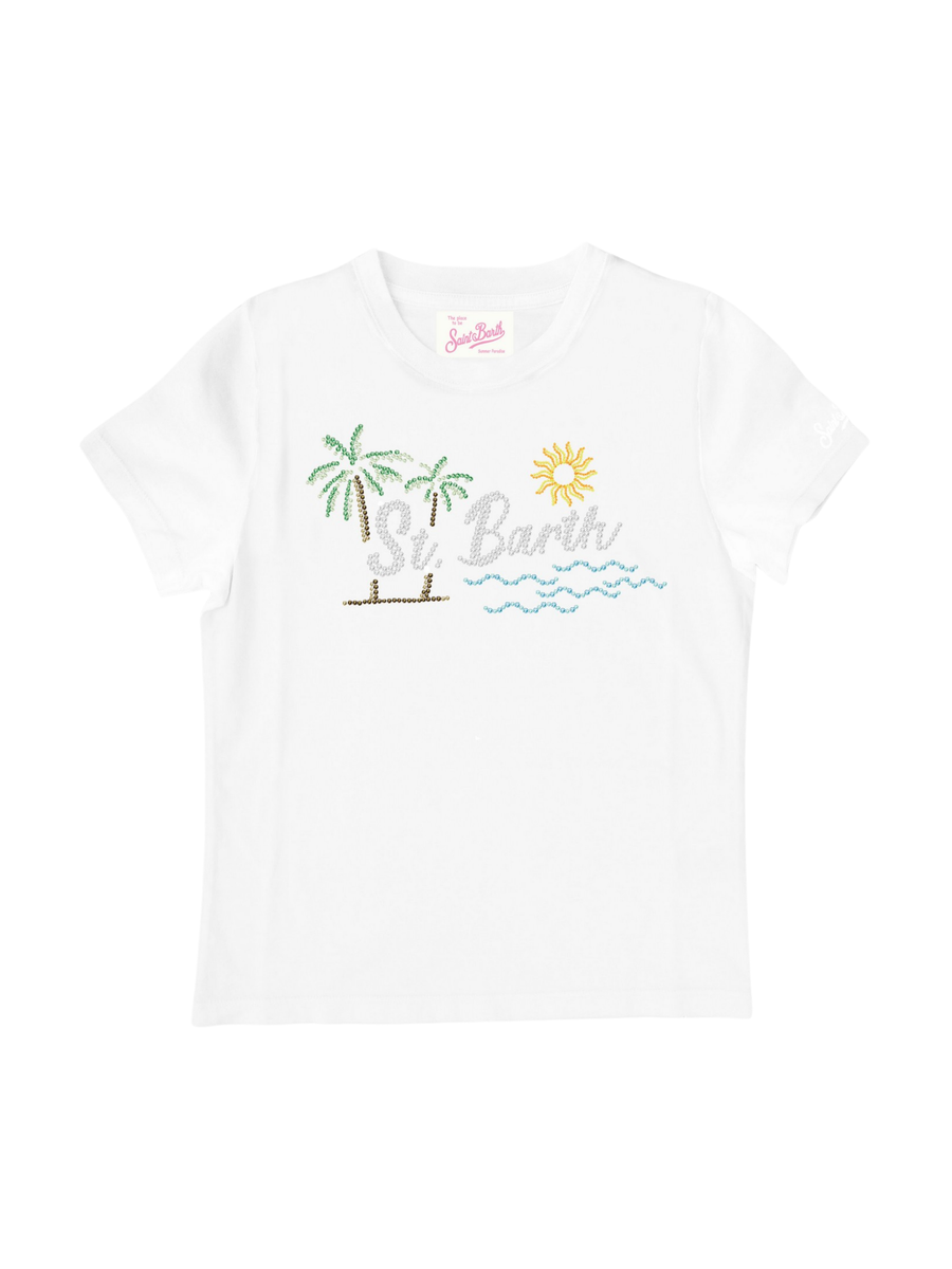 T-shirt MC2 Saint Barth "Elly" bianca paillettes palme, sole e mare ELLY001 01214H MC2 SAINT BARTH 
