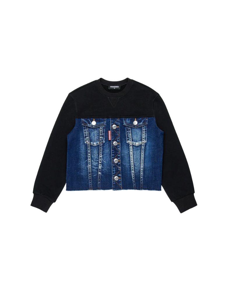 Felpa Dsquared nera con dettaglio in denim DQ3007 DQ01 Dsquared 