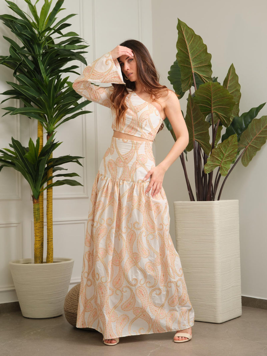 Top monospalla Bohemian Vì bianco e rosa con ricami e paillettes CA179 UNI Bohemian V 