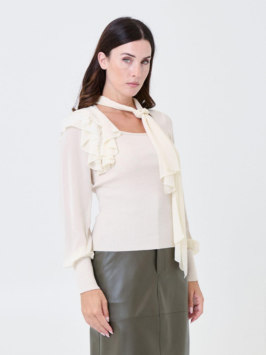 Maglia a costine Haveone burro con volant su spalla e foulard sul collo MMOP087 BURRO Haveone 